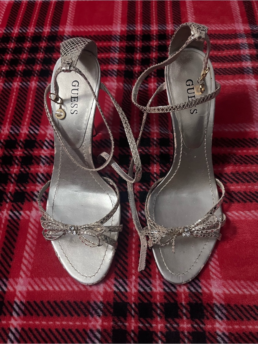 GUESS Silver Metallic Strappy Bow Heel Sandals